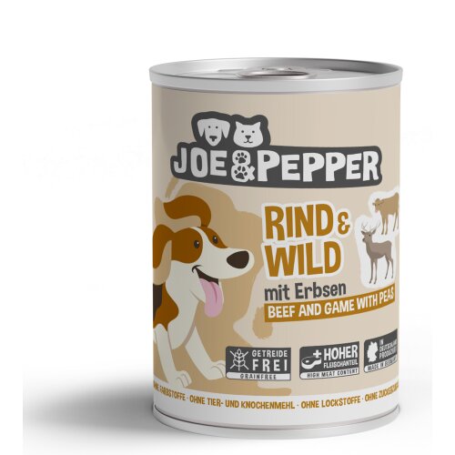 Hundefutter getreidefrei Rind, Wild, Erbsen - Joe & Pepper 6 x 400 g